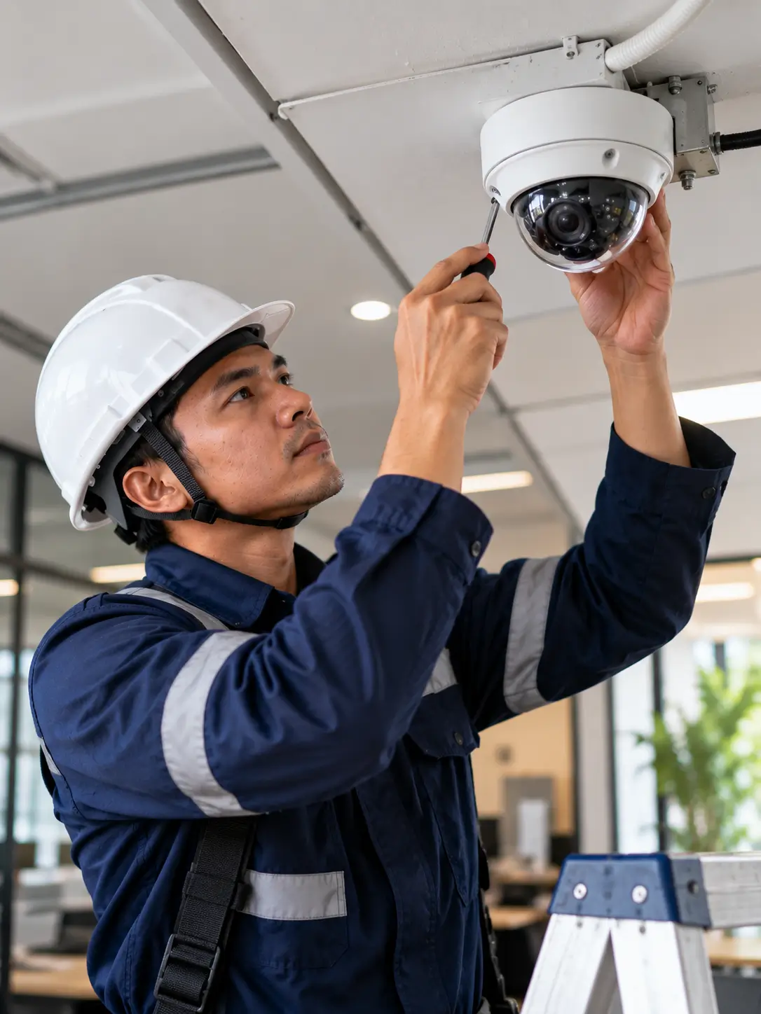 Teknisi melakukan pemasangan sistem CCTV