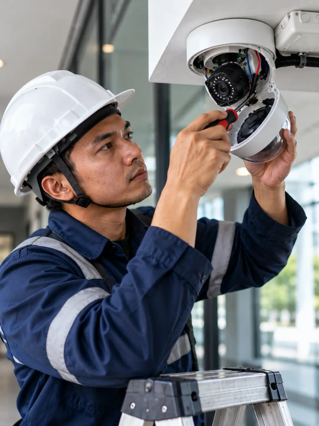 Teknisi melakukan perbaikan kamera CCTV