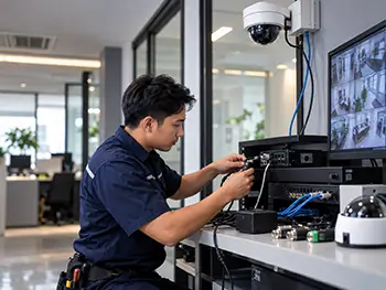 Teknisi melakukan pemeriksaan sistem CCTV dan koneksi perangkat