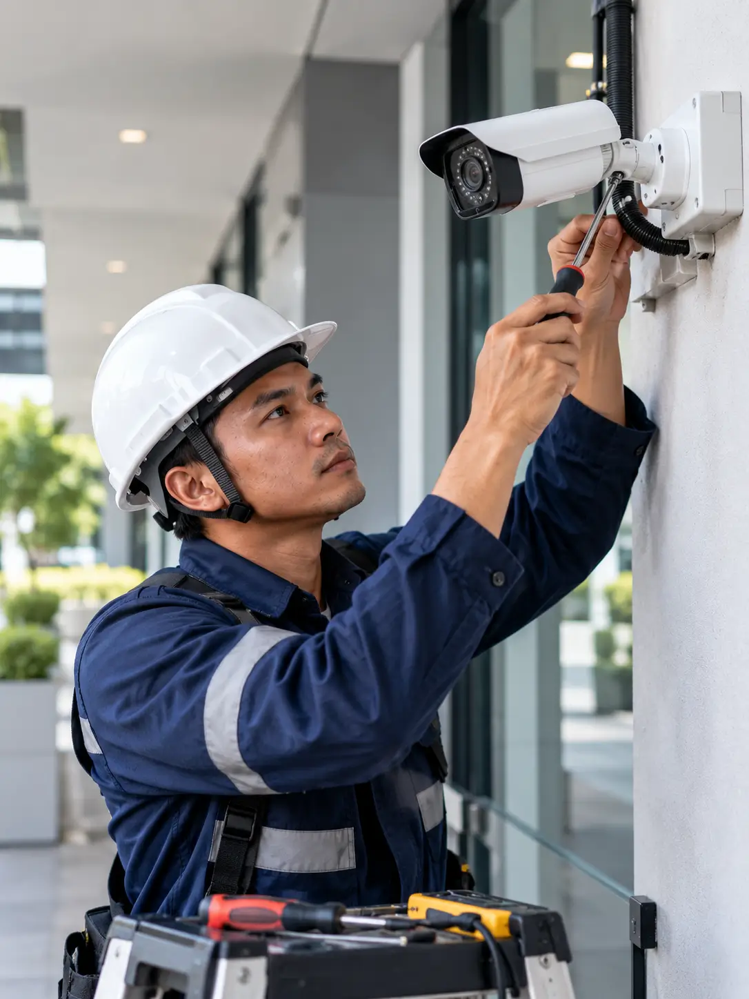 Teknisi CCTV melakukan pemeriksaan dan troubleshooting sistem CCTV