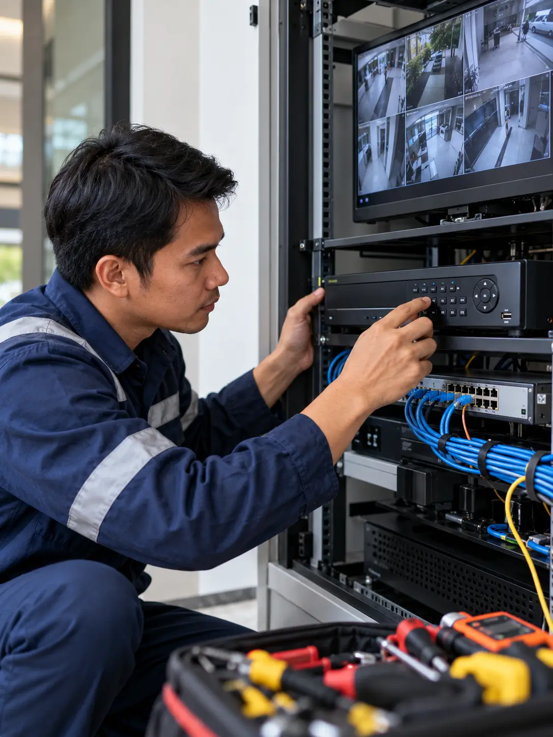 Teknisi melakukan pemeriksaan DVR dan NVR CCTV